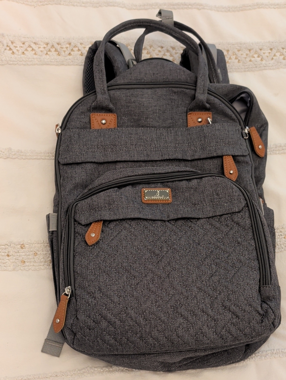 Gray Quilted Women's Backpack with Tan Trim